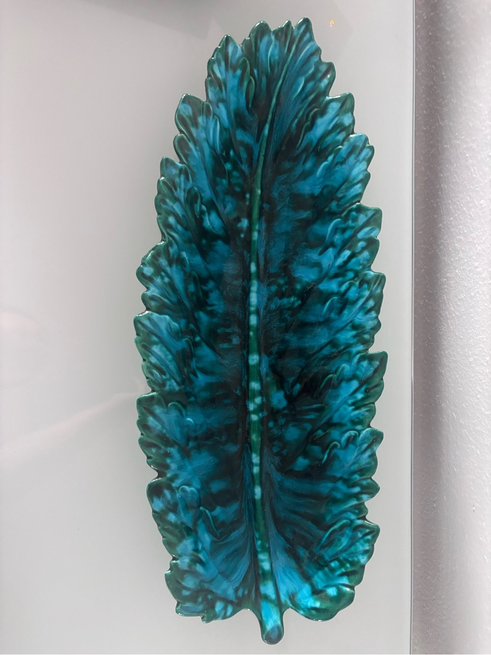Majolica Glazed ceramic leaf plate Decorative Tray MCM Teal green